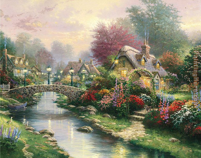 Lamplight bridge painting - Thomas Kinkade Lamplight bridge art painting